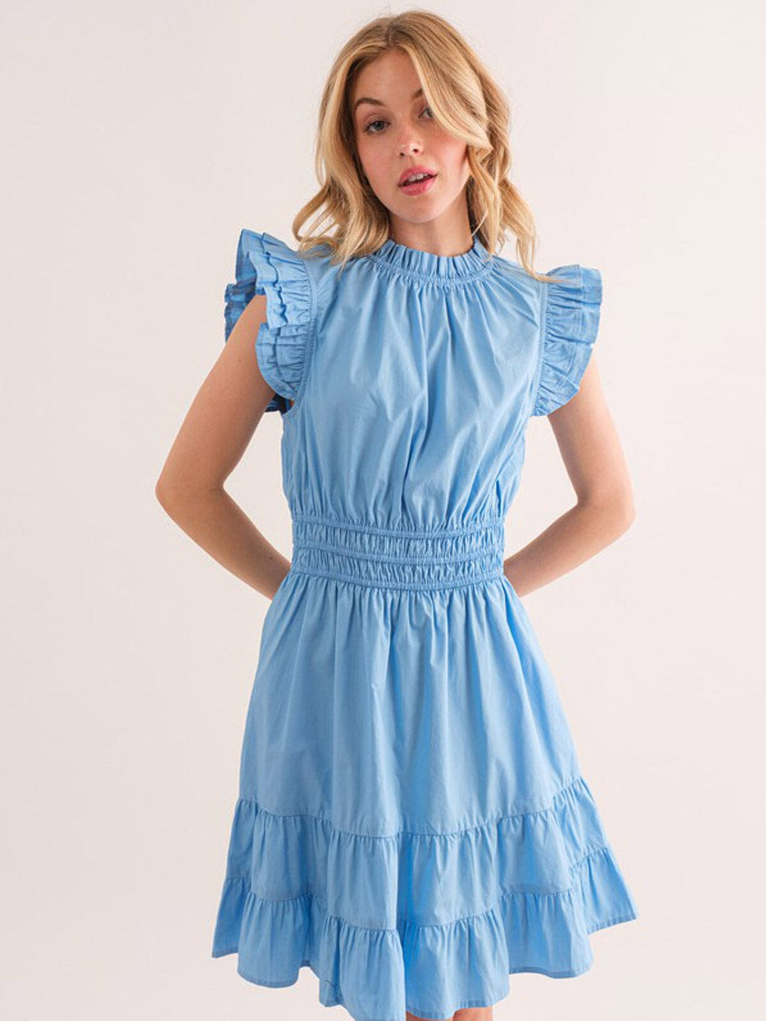 WOMEN'S SLEEVELESS MOCK NECK RUFFLE TIERED MINI DRESS