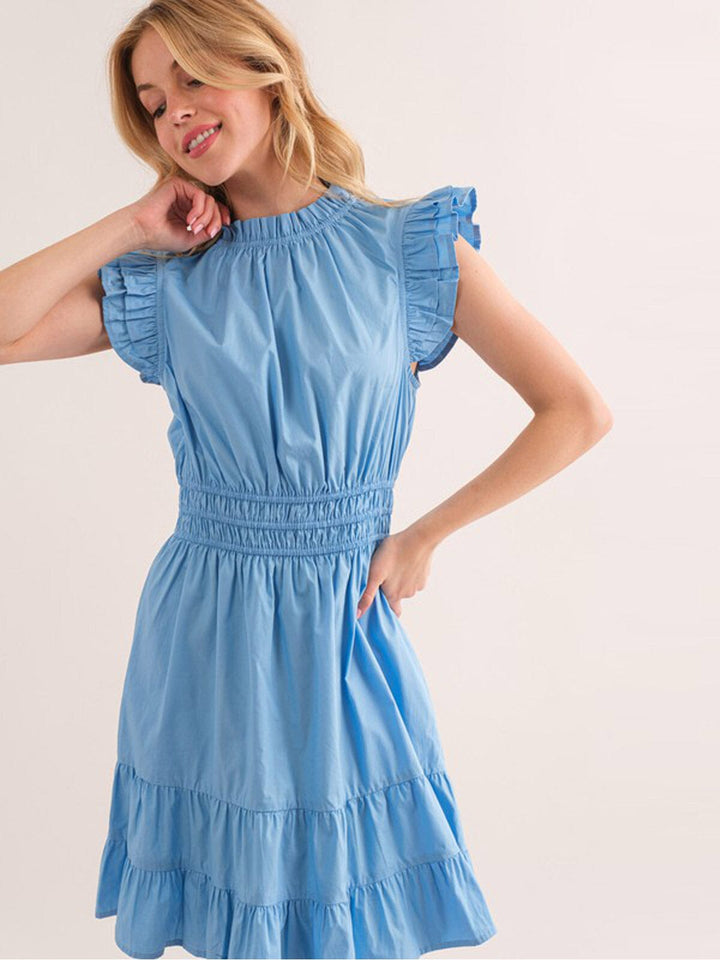 WOMEN'S SLEEVELESS MOCK NECK RUFFLE TIERED MINI DRESS