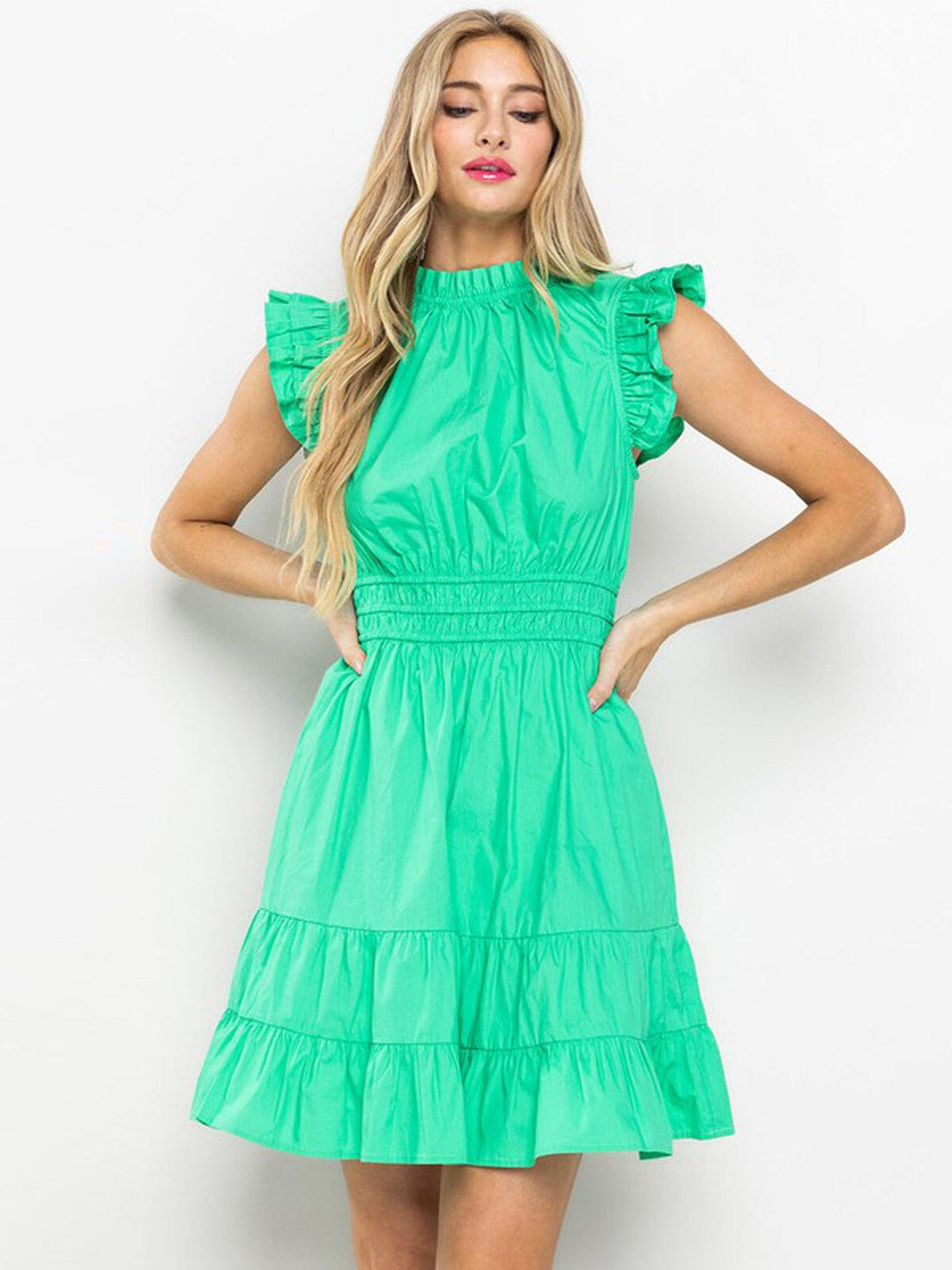 WOMEN'S SLEEVELESS MOCK NECK RUFFLE TIERED MINI DRESS