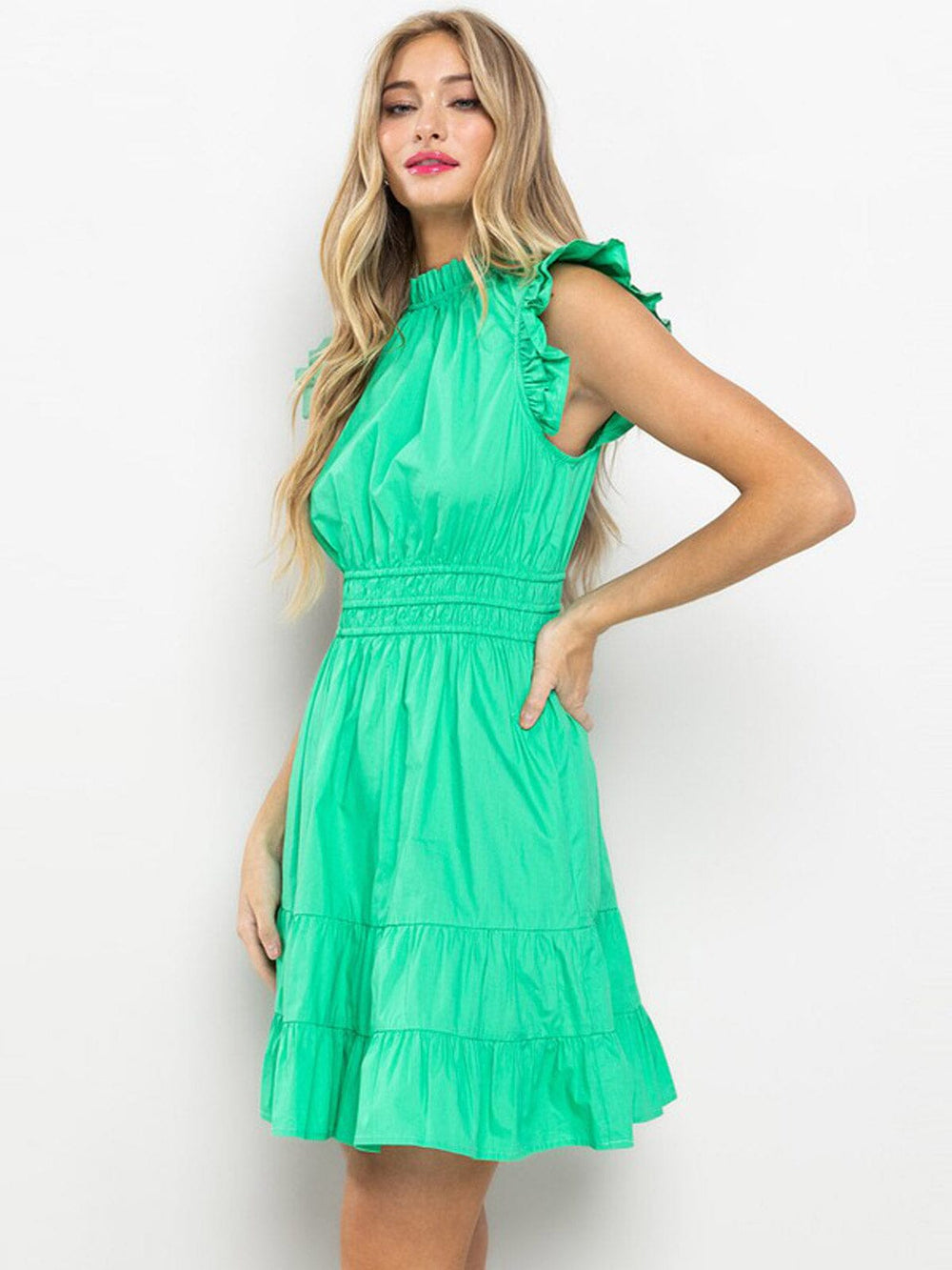 WOMEN'S SLEEVELESS MOCK NECK RUFFLE TIERED MINI DRESS