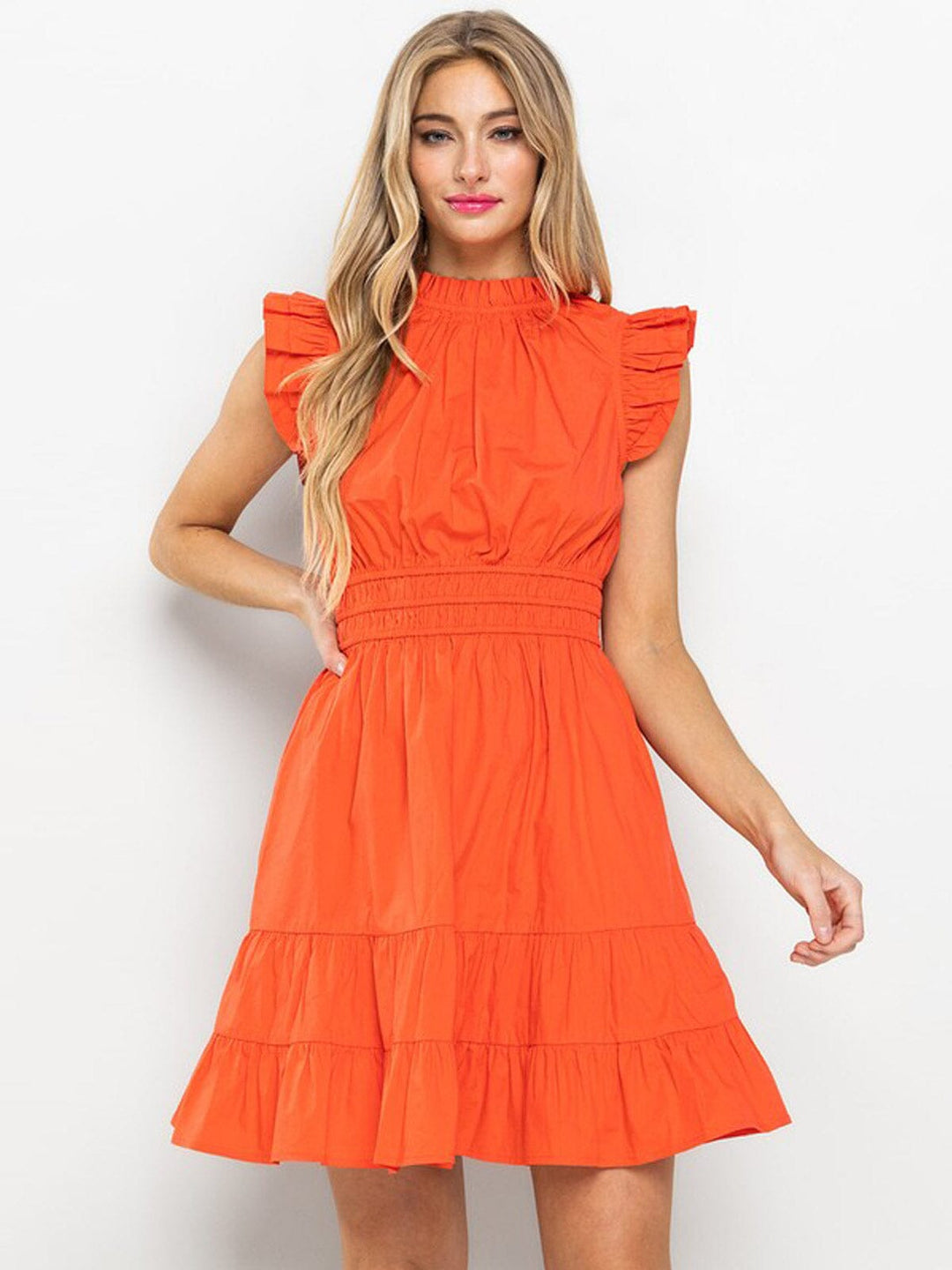 WOMEN'S SLEEVELESS MOCK NECK RUFFLE TIERED MINI DRESS