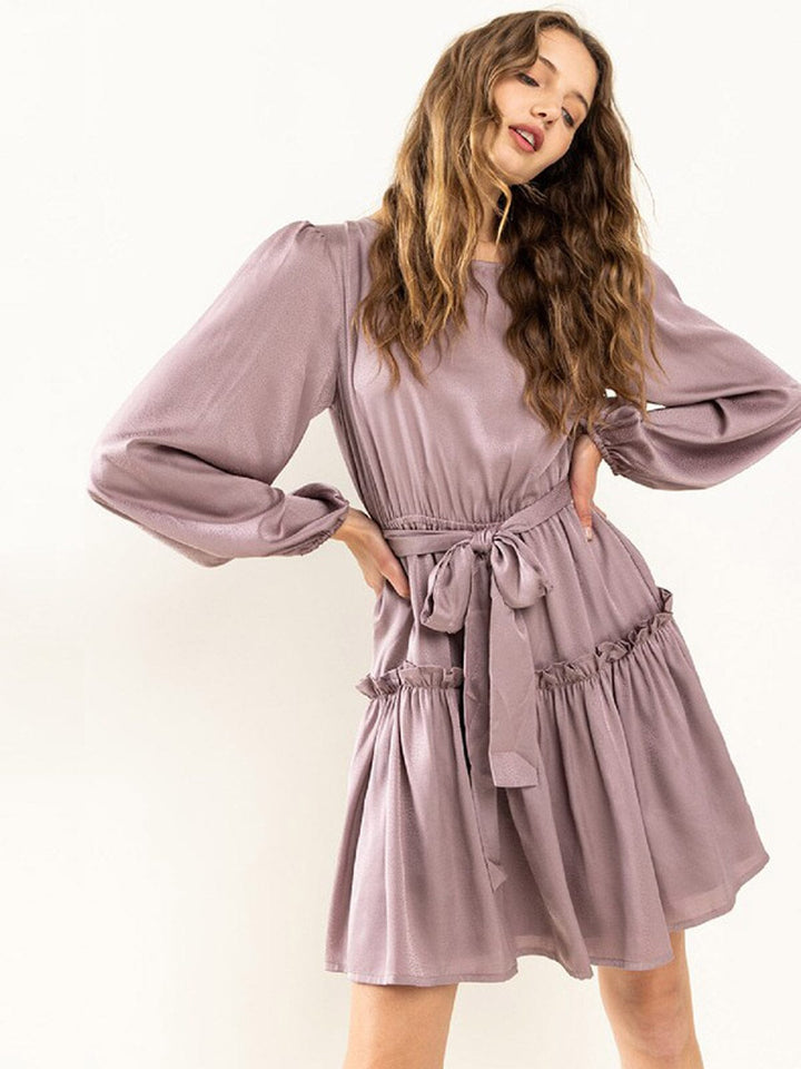 WOMEN'S LONG SLEEVE SELF TIE RUFFLE PRINT MINI DRESS
