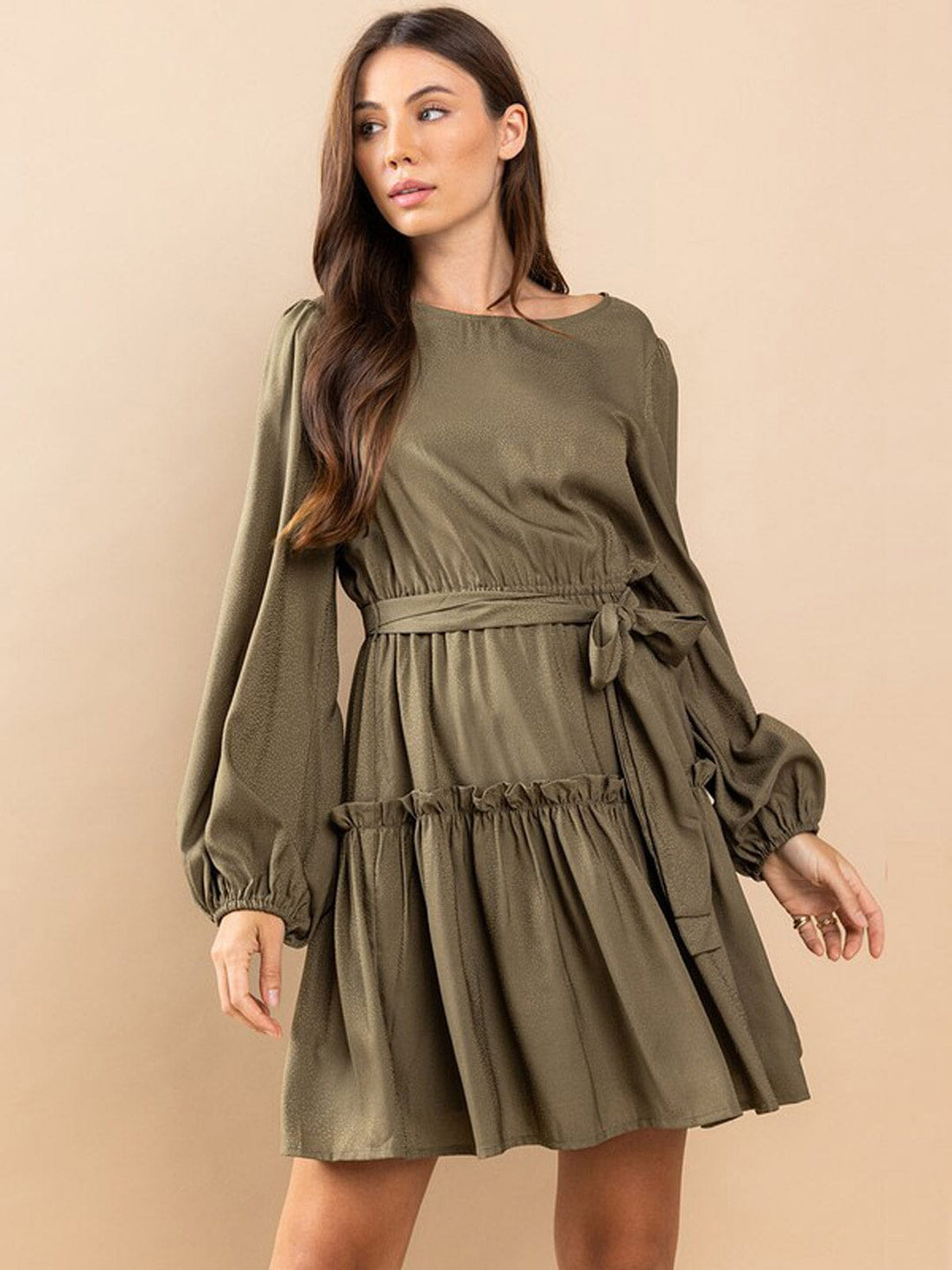 WOMEN'S LONG SLEEVE SELF TIE RUFFLE PRINT MINI DRESS
