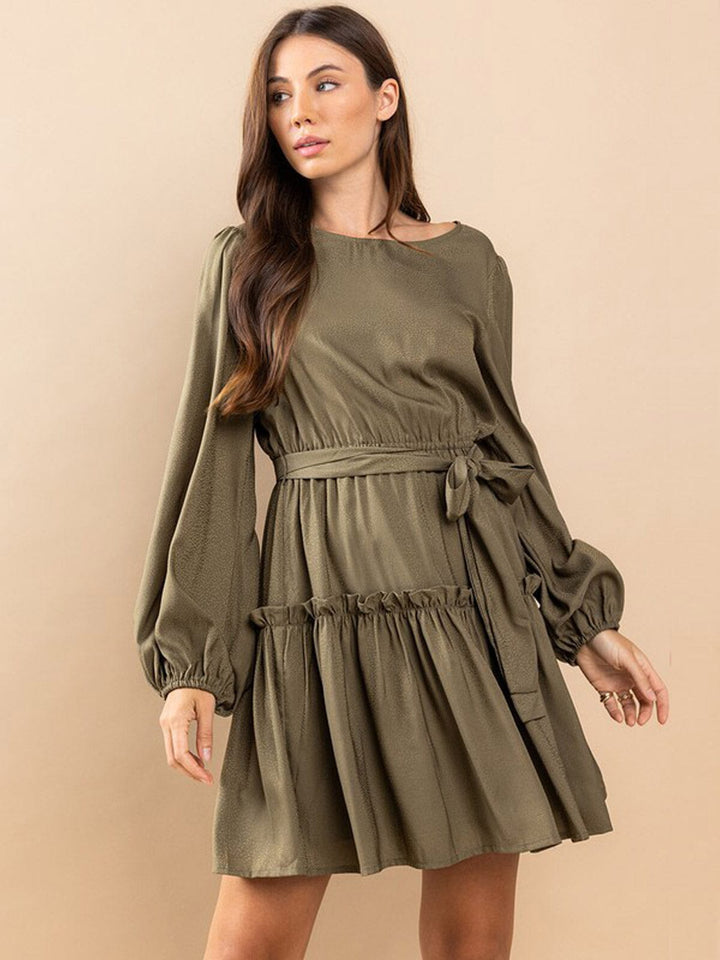 WOMEN'S LONG SLEEVE SELF TIE RUFFLE PRINT MINI DRESS