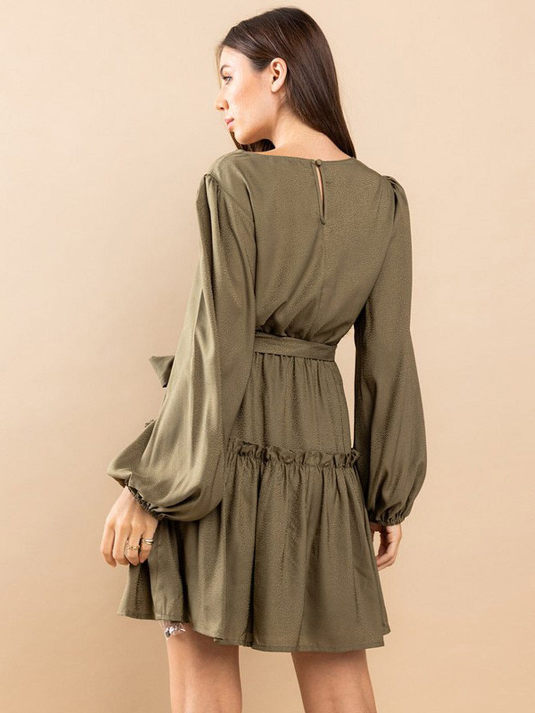 WOMEN'S LONG SLEEVE SELF TIE RUFFLE PRINT MINI DRESS