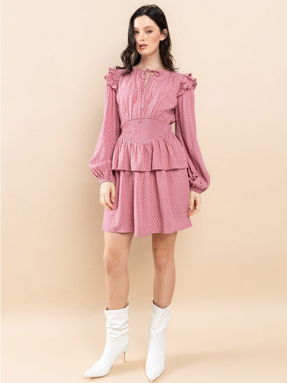 WOMEN'S LONG SLEEVE RUFFLE SMOCK WAIST MINI DRESS