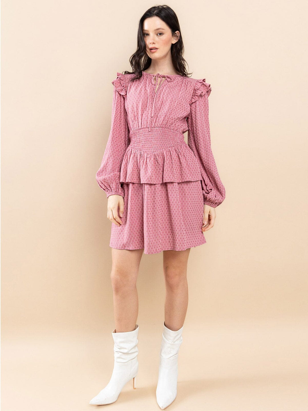 WOMEN'S LONG SLEEVE RUFFLE SMOCK WAIST MINI DRESS