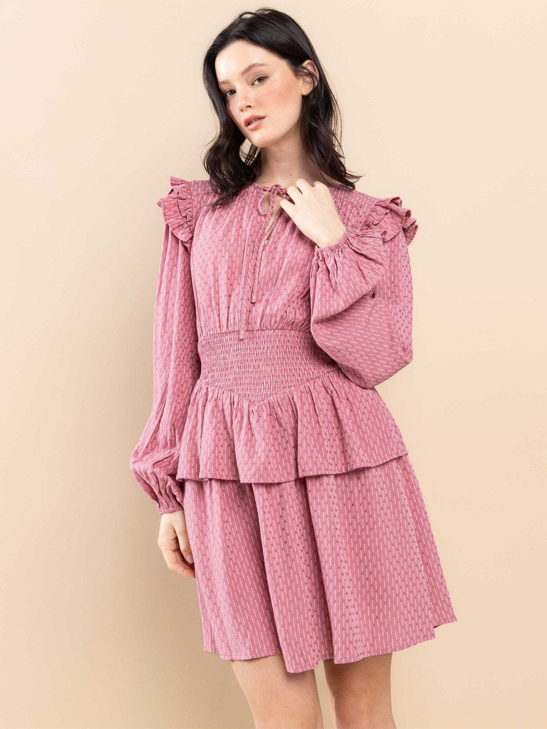WOMEN'S LONG SLEEVE RUFFLE SMOCK WAIST MINI DRESS