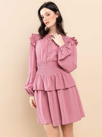 WOMEN'S LONG SLEEVE RUFFLE SMOCK WAIST MINI DRESS