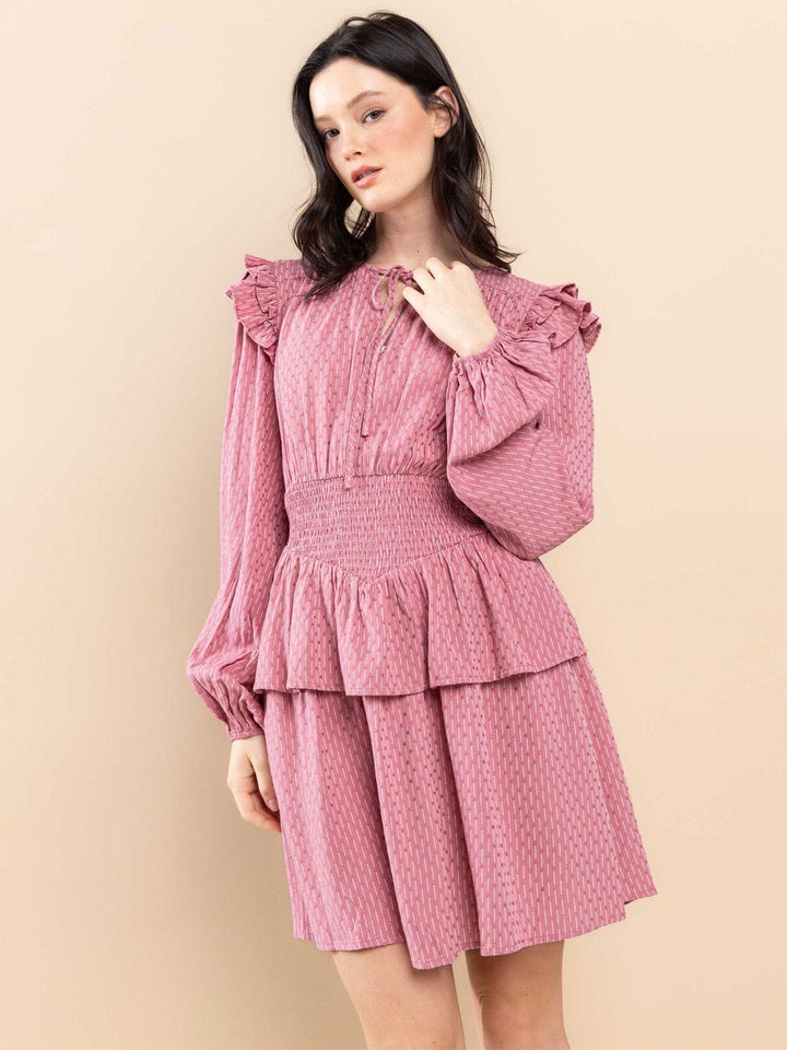 WOMEN'S LONG SLEEVE RUFFLE SMOCK WAIST MINI DRESS