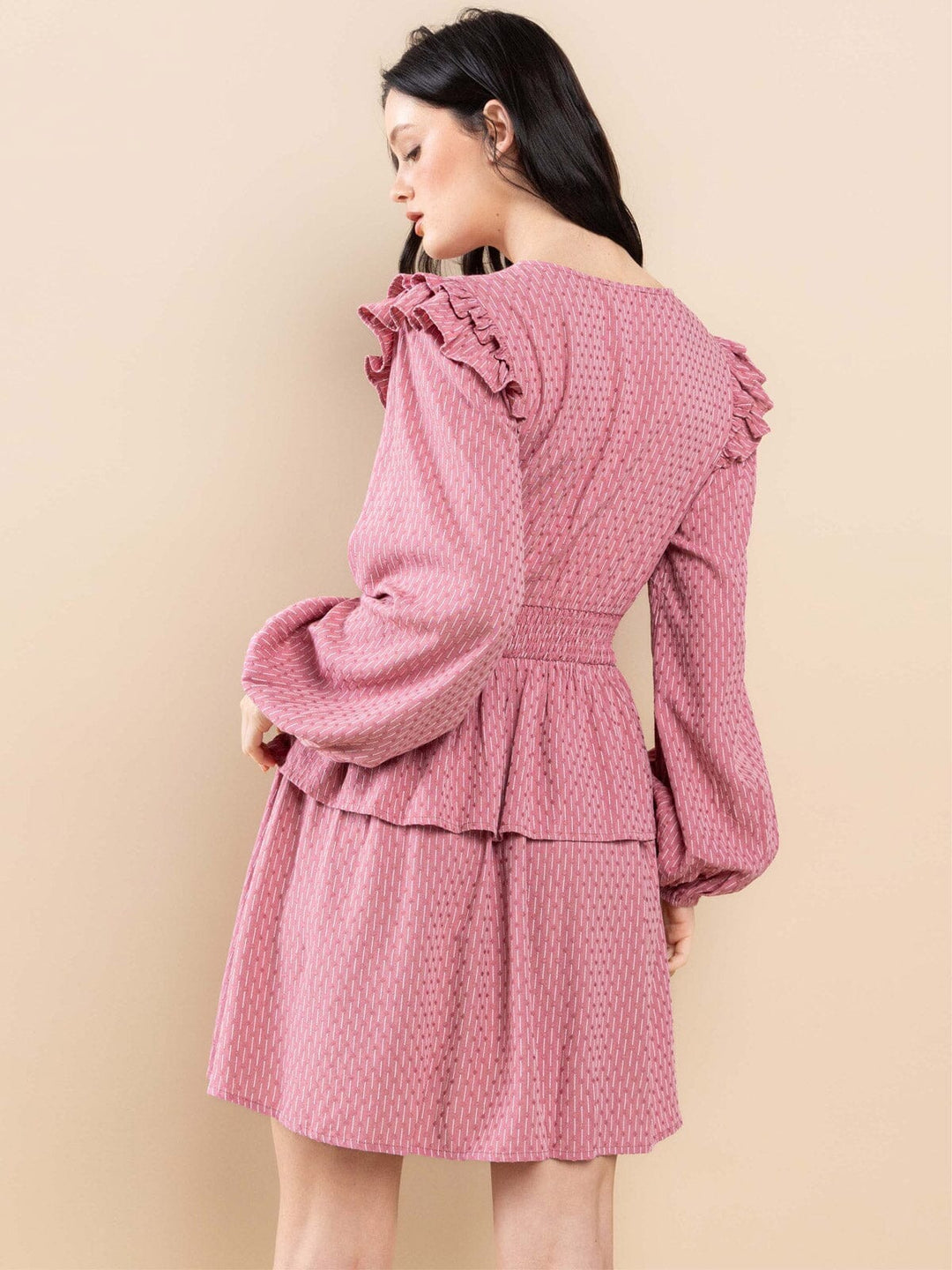 WOMEN'S LONG SLEEVE RUFFLE SMOCK WAIST MINI DRESS