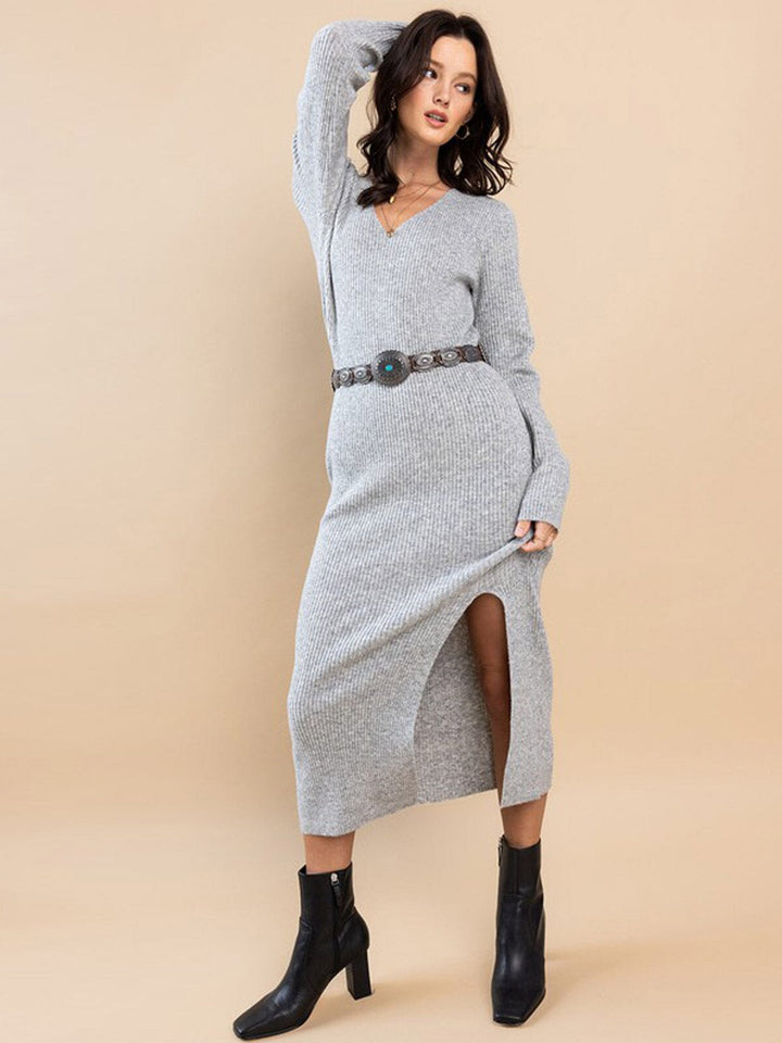 WOMEN'S LONG SLEEVE V-NECK FRONT SLIT RIBBED MIDI DRESS