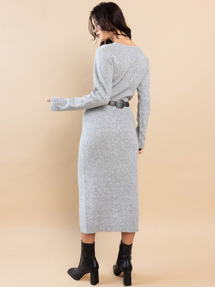 WOMEN'S LONG SLEEVE V-NECK FRONT SLIT RIBBED MIDI DRESS