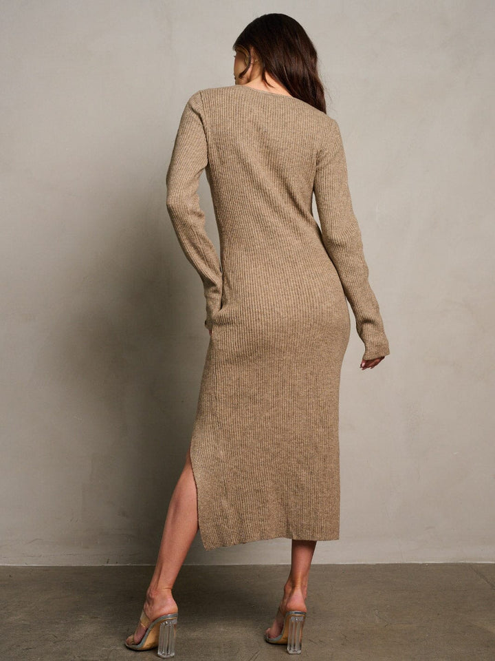 WOMEN'S LONG SLEEVE V-NECK FRONT SLIT RIBBED MAXI DRESS