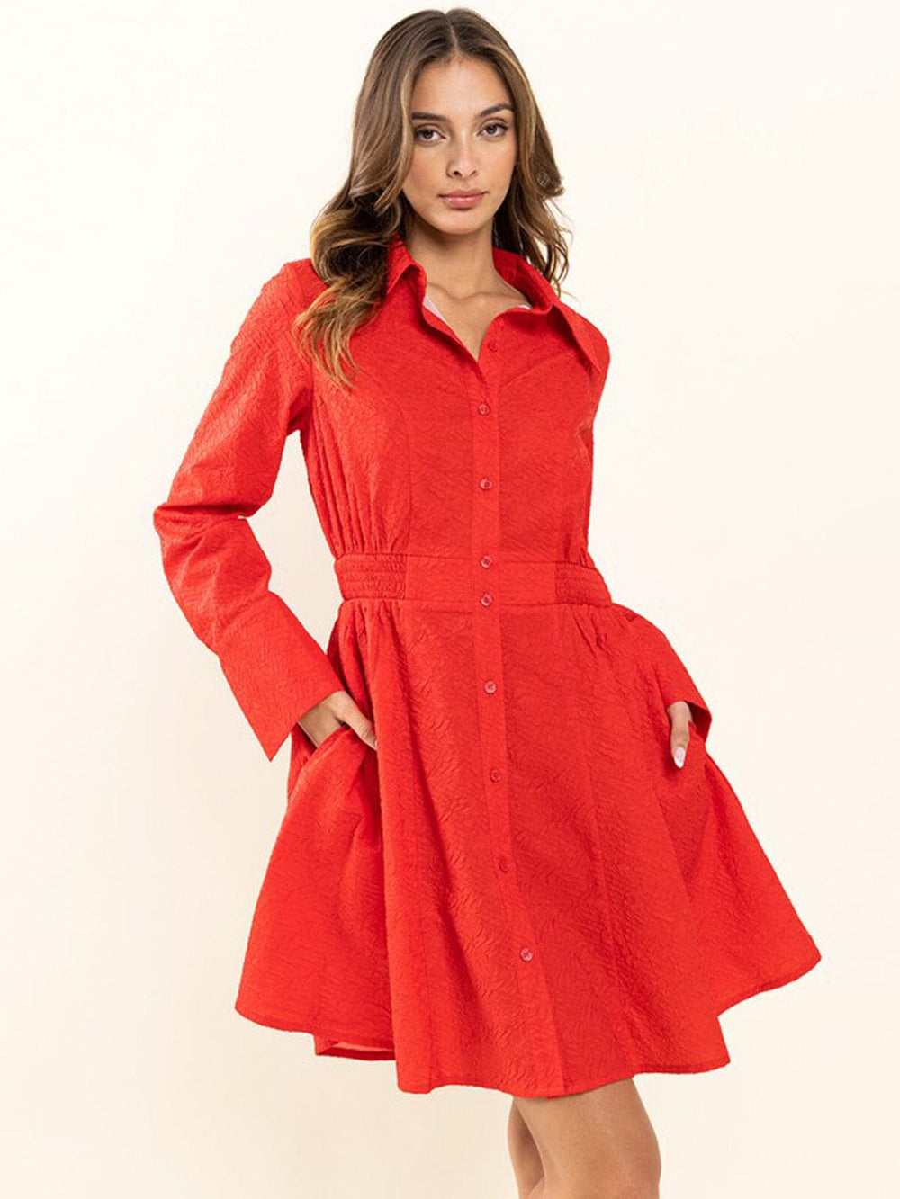 WOMEN'S LONG SLEEVE BUTTON UP POCKETS DETAILED MINI DRESS