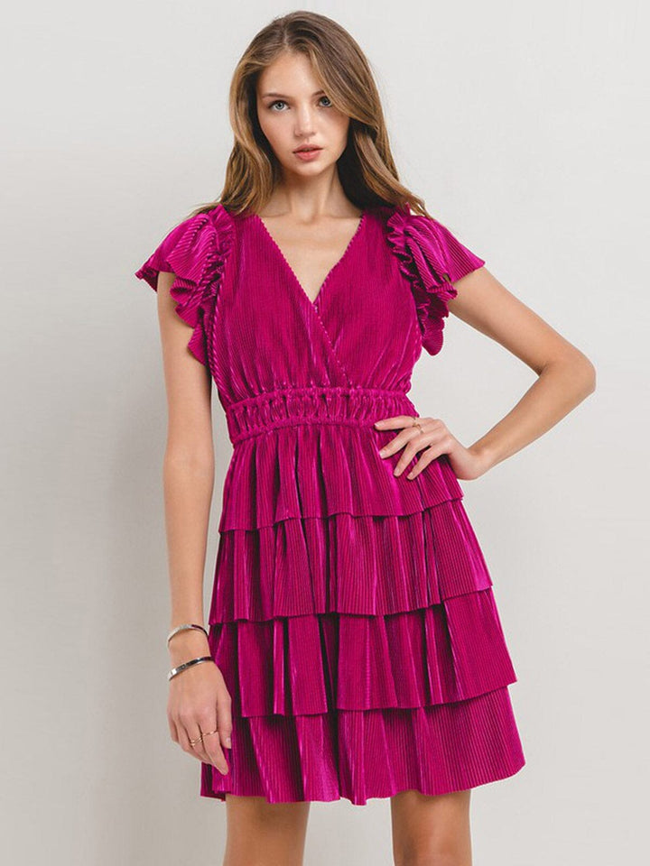 WOMEN'S SHORT SLEEVE V-NECK TIERED RUFFLE MINI DRESS