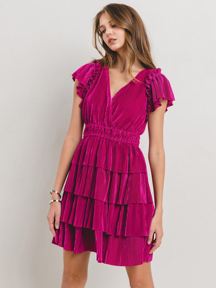 WOMEN'S SHORT SLEEVE V-NECK TIERED RUFFLE MINI DRESS