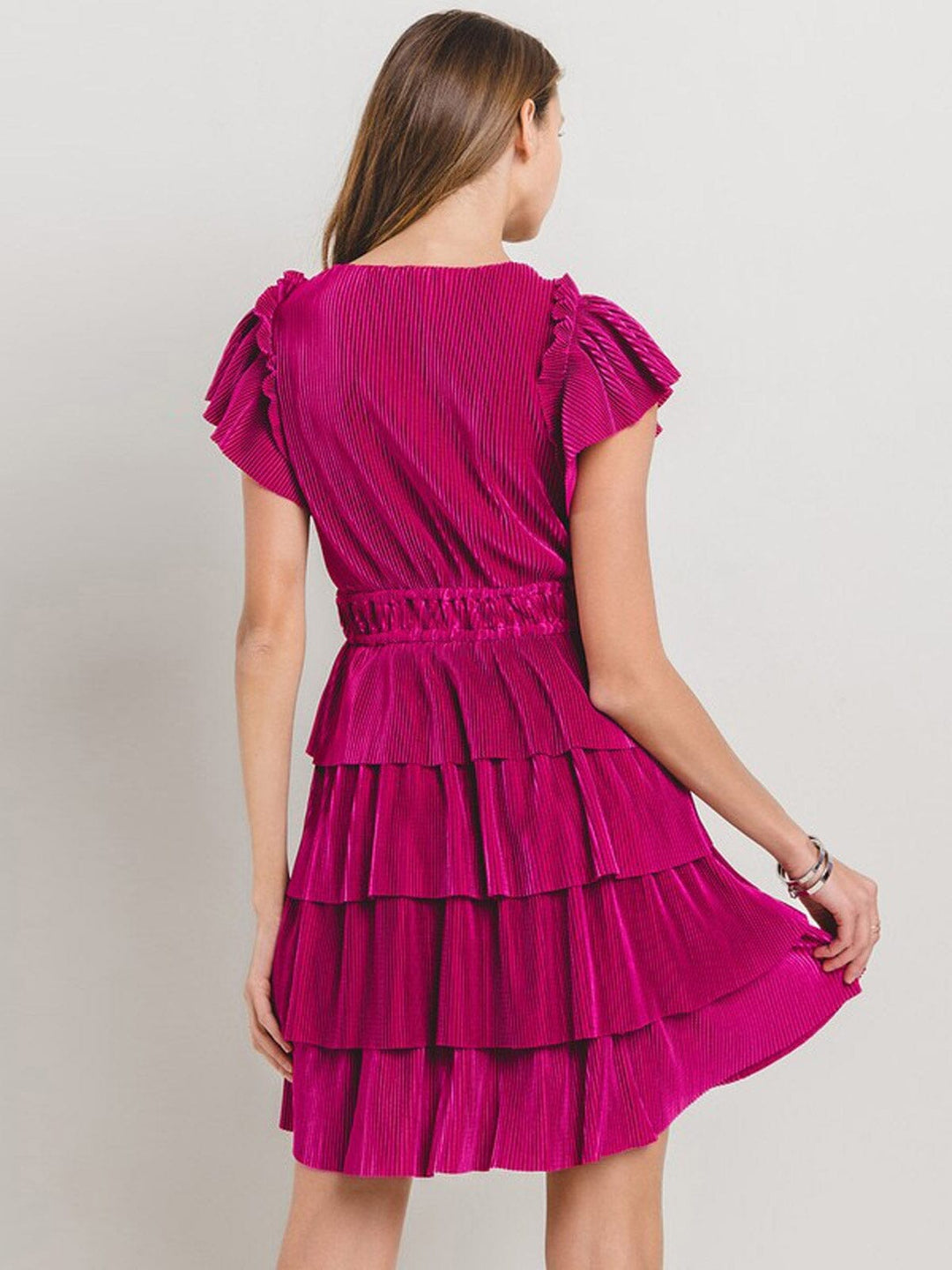 WOMEN'S SHORT SLEEVE V-NECK TIERED RUFFLE MINI DRESS