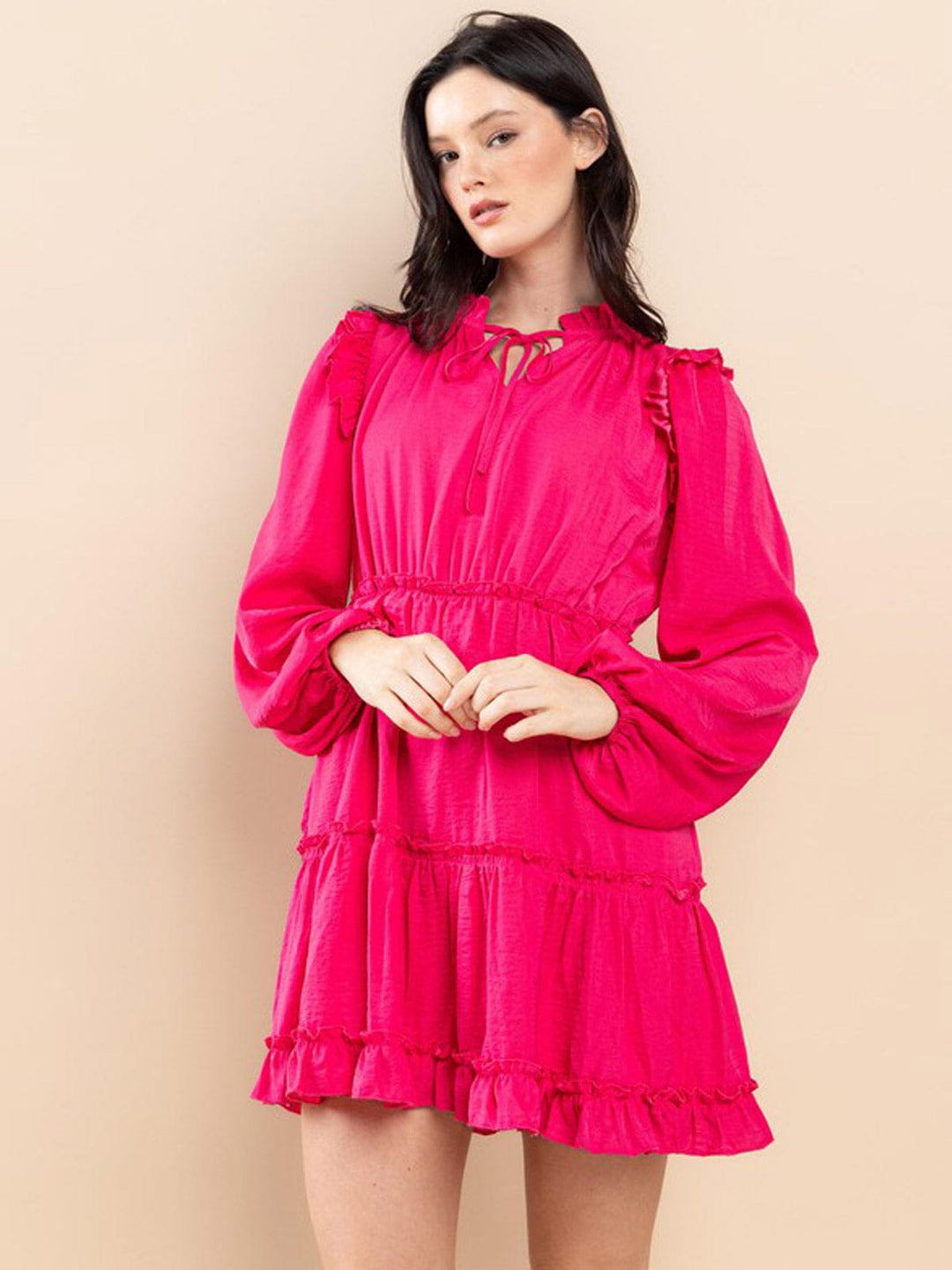 WOMEN'S LONG SLEEVE RUFFLE TIERED MINI DRESS