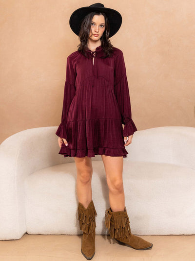 WOMEN'S LONG SLEEVE RUFFLE TIERED TUNIC MINI DRESS
