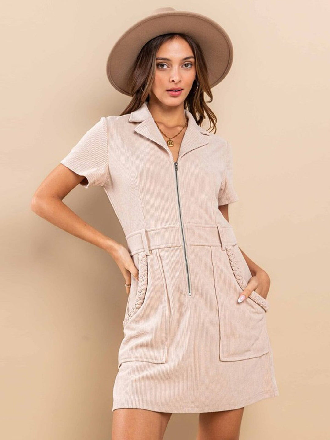 WOMEN'S SHORT SLEEVE ZIP UP POCKETS CORDUROY MINI DRESS