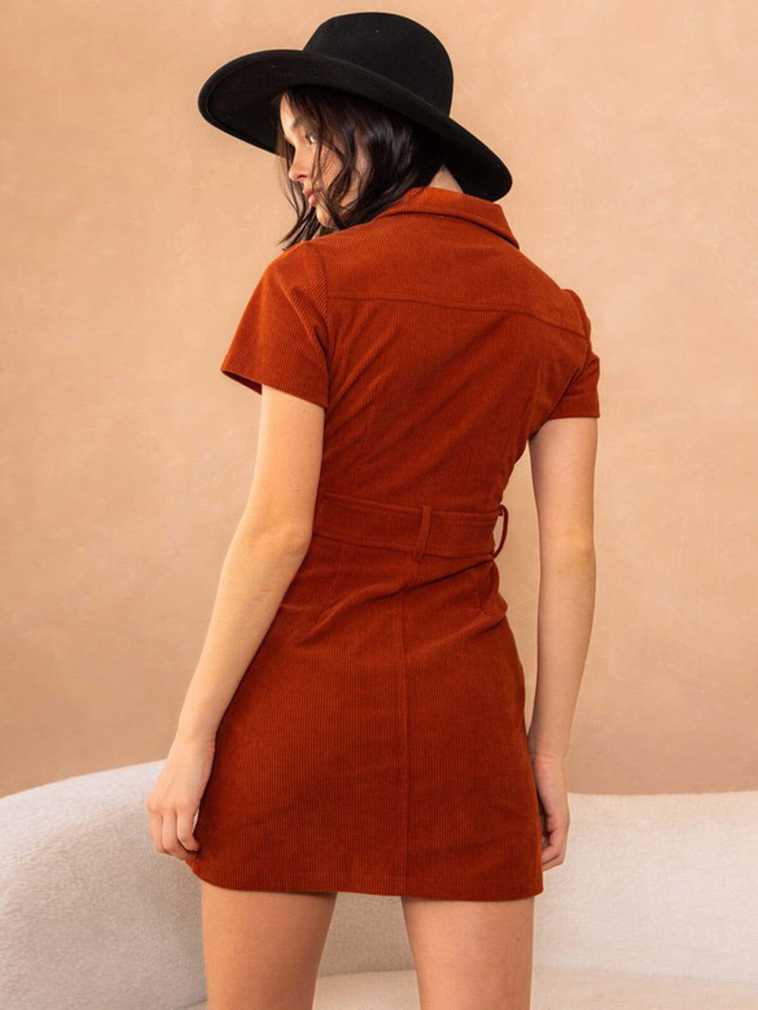 WOMEN'S SHORT SLEEVE ZIP UP POCKETS CORDUROY MINI DRESS