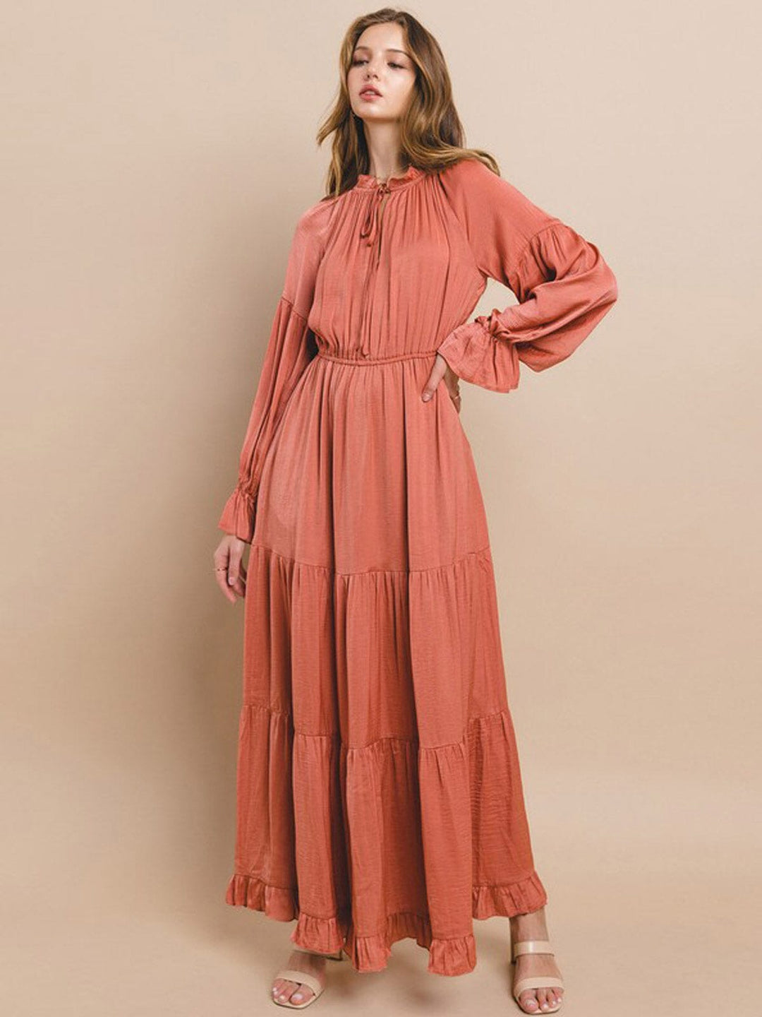WOMEN'S LONG SLEEVE ELASTIC WAIST TIERED MAXI DRESS