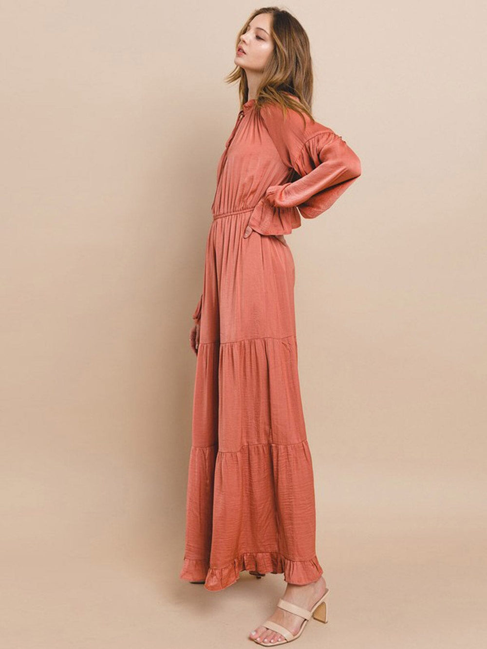 WOMEN'S LONG SLEEVE ELASTIC WAIST TIERED MAXI DRESS