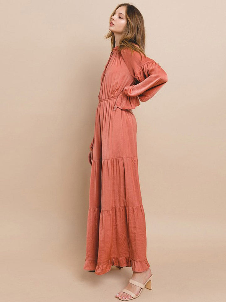 WOMEN'S LONG SLEEVE ELASTIC WAIST TIERED MAXI DRESS