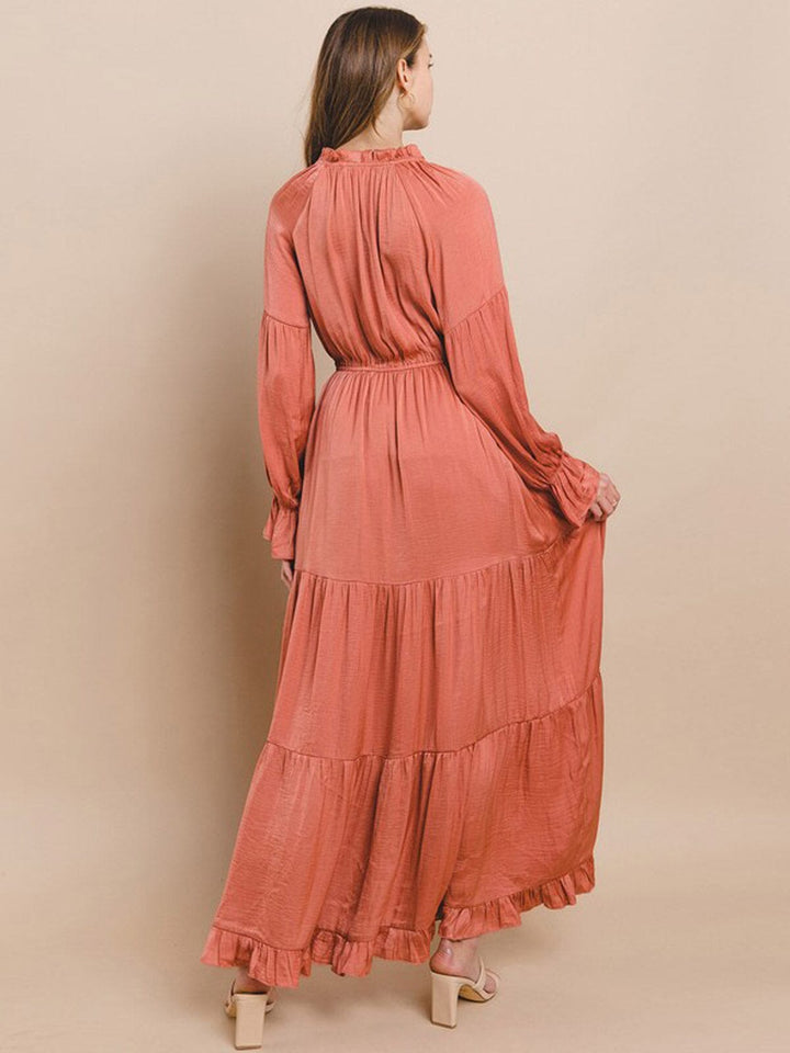WOMEN'S LONG SLEEVE ELASTIC WAIST TIERED MAXI DRESS