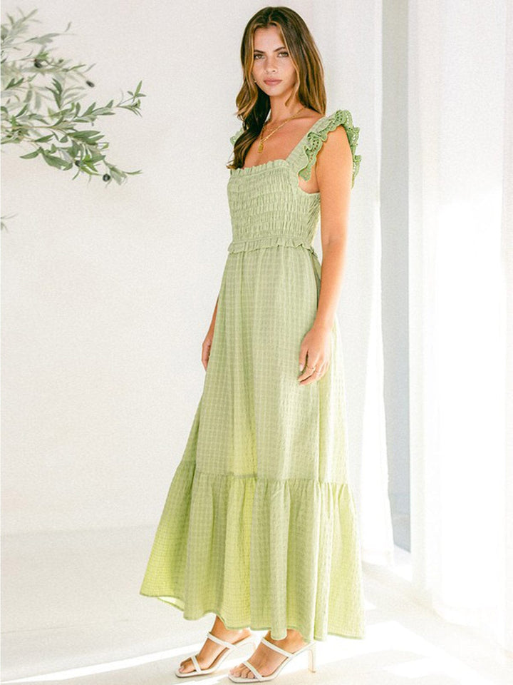 WOMEN'S SLEEVELESS RUCHED POCKETS TIERED MAXI DRESS