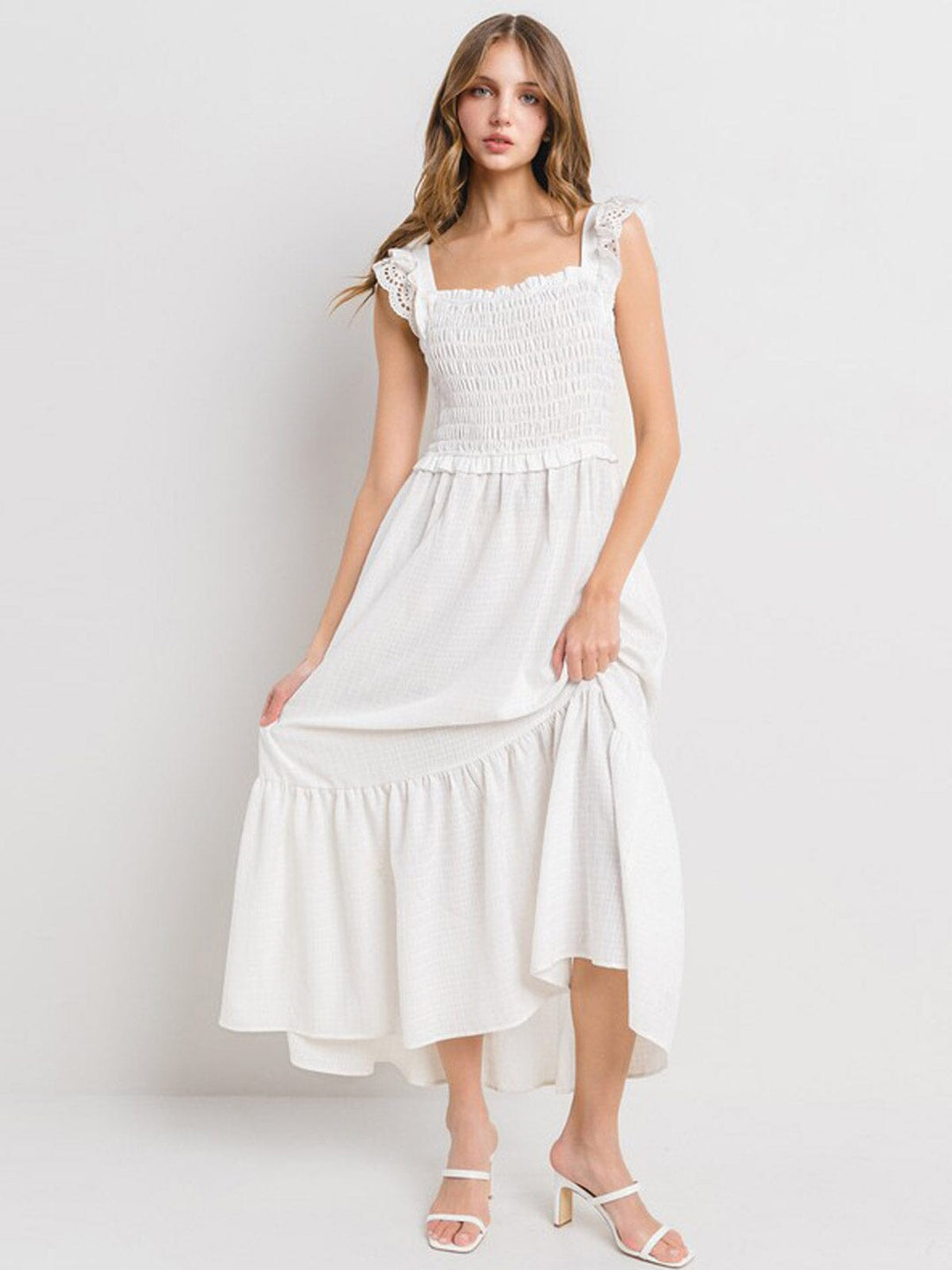 WOMEN'S SLEEVELESS RUCHED POCKETS TIERED MAXI DRESS
