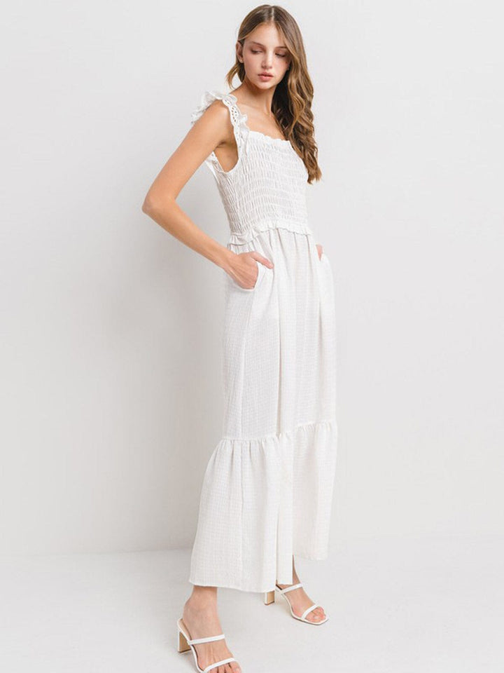 WOMEN'S SLEEVELESS RUCHED POCKETS TIERED MAXI DRESS