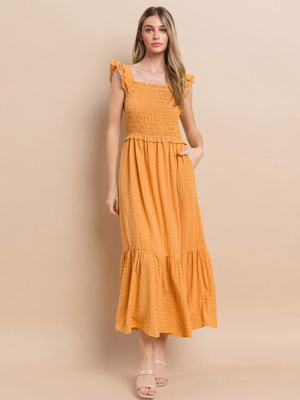 WOMEN'S SLEEVELESS RUCHED POCKETS TIERED MAXI DRESS