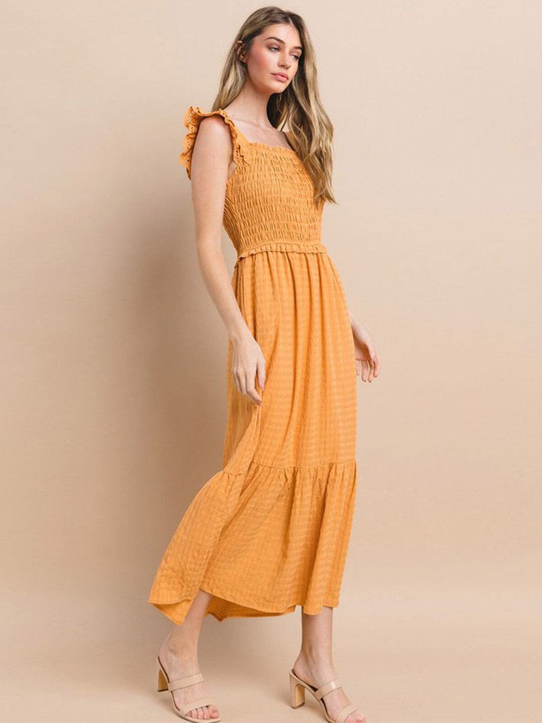 WOMEN'S SLEEVELESS RUCHED POCKETS TIERED MAXI DRESS