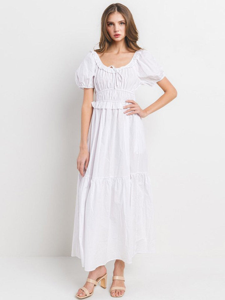 WOMEN'S SHORT PUFF SLEEVE ELASTIC WAIST TIERED MAXI DRESS