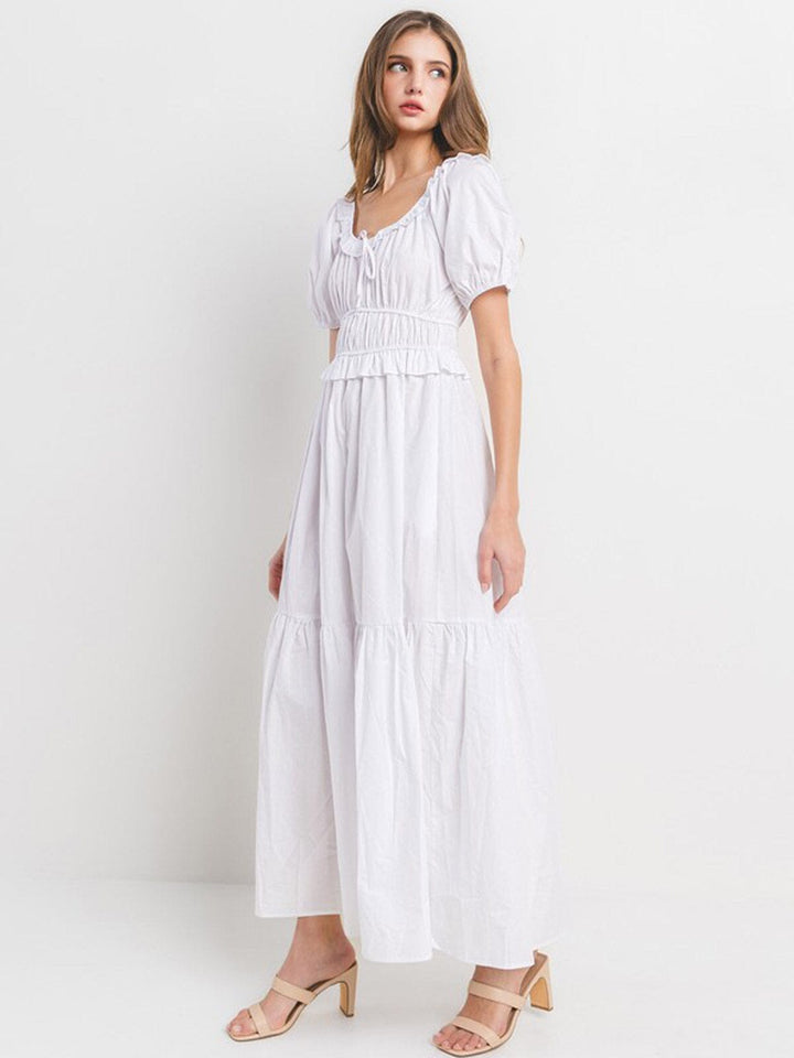 WOMEN'S SHORT PUFF SLEEVE ELASTIC WAIST TIERED MAXI DRESS