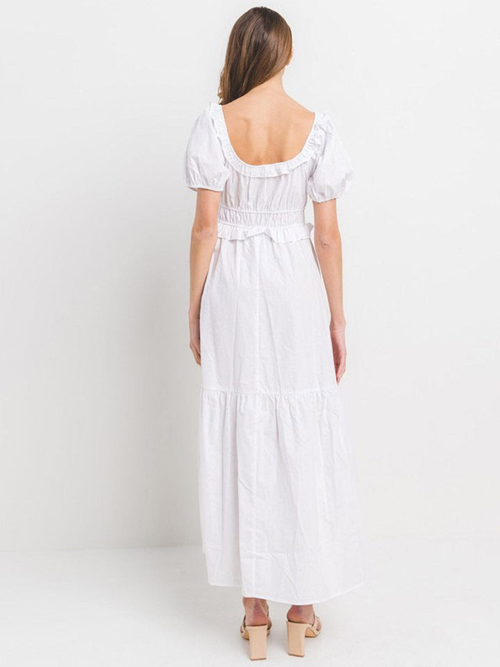 WOMEN'S SHORT PUFF SLEEVE ELASTIC WAIST TIERED MAXI DRESS