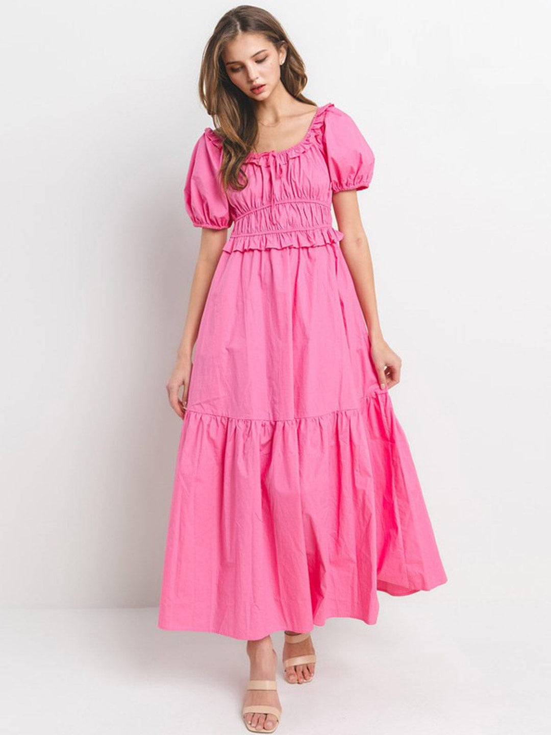 WOMEN'S SHORT PUFF SLEEVE ELASTIC WAIST TIERED MAXI DRESS