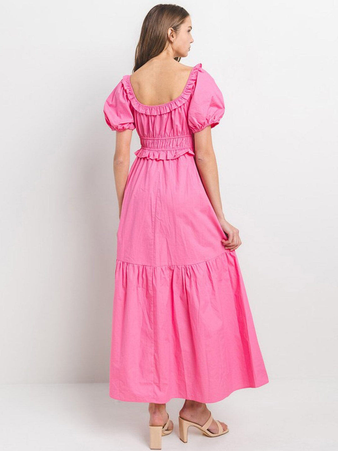 WOMEN'S SHORT PUFF SLEEVE ELASTIC WAIST TIERED MAXI DRESS
