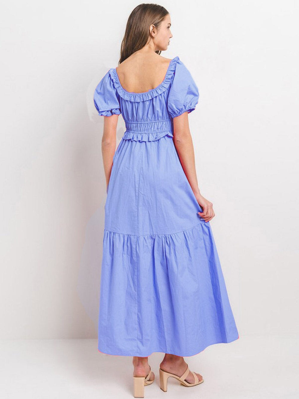 WOMEN'S SHORT PUFF SLEEVE ELASTIC WAIST TIERED MAXI DRESS