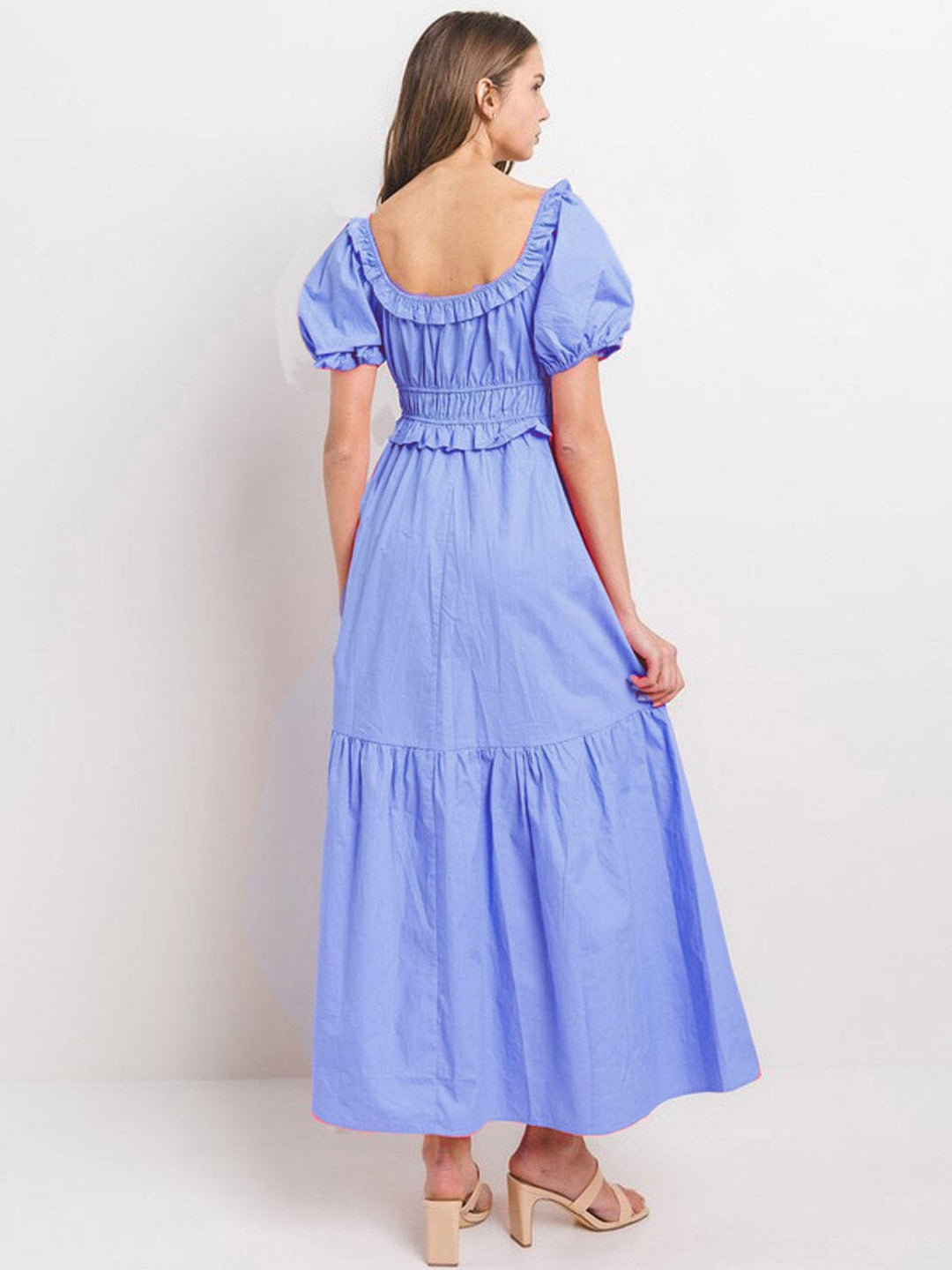 WOMEN'S SHORT PUFF SLEEVE ELASTIC WAIST TIERED MAXI DRESS