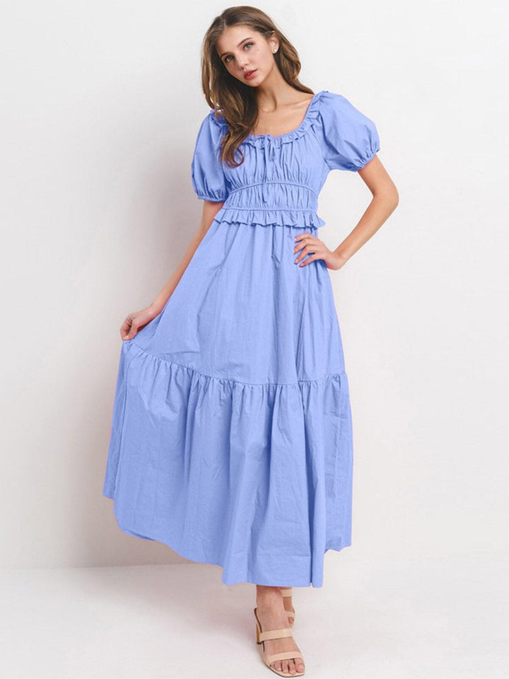 WOMEN'S SHORT PUFF SLEEVE ELASTIC WAIST TIERED MAXI DRESS