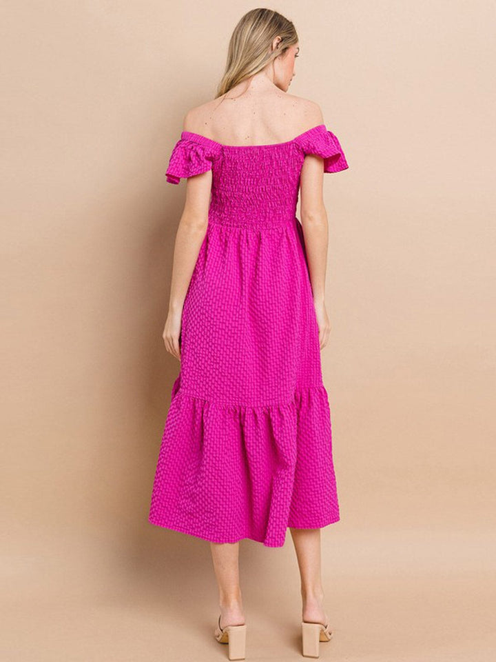 WOMEN'S SHORT SLEEVE SQUARE NECK RUCHED POCKETS TIERED MIDI DRESS