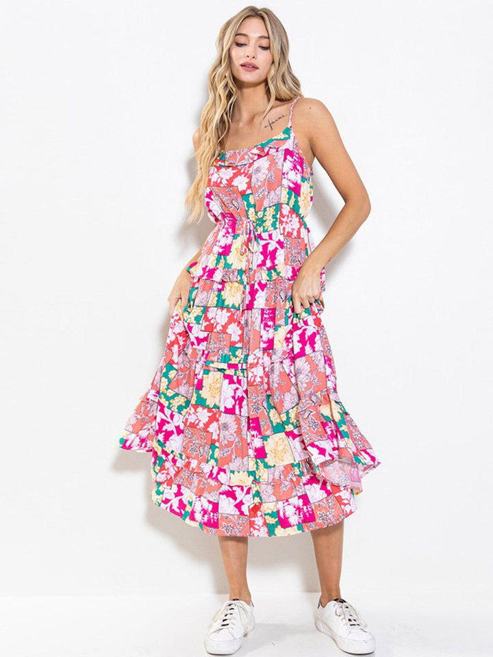 WOMEN'S SLEEVELESS ELASTIC WAIST TIERED FLORAL MAXI DRESS