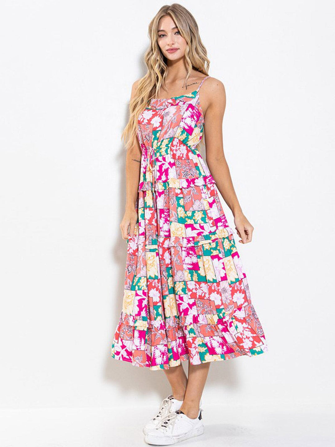 WOMEN'S SLEEVELESS ELASTIC WAIST TIERED FLORAL MAXI DRESS