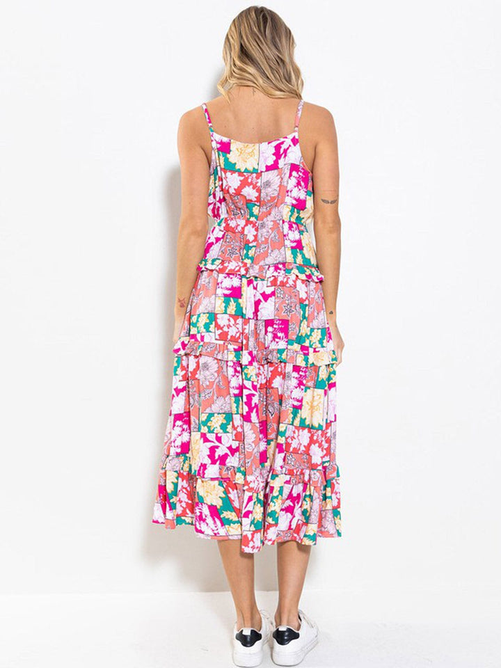 WOMEN'S SLEEVELESS ELASTIC WAIST TIERED FLORAL MAXI DRESS