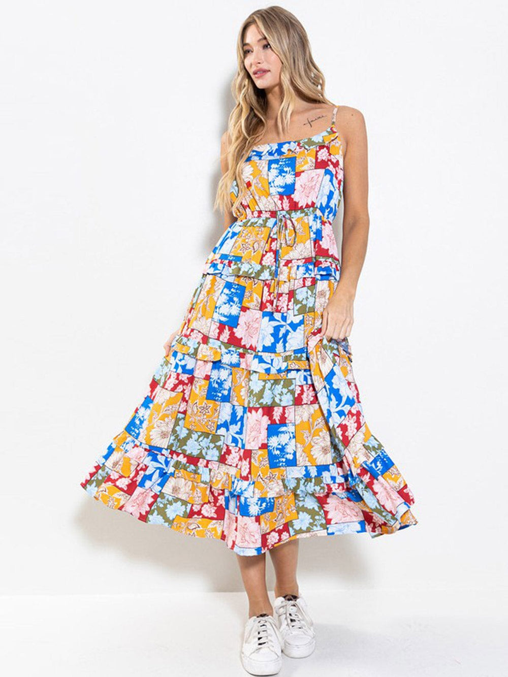 WOMEN'S SLEEVELESS ELASTIC WAIST TIERED FLORAL MAXI DRESS
