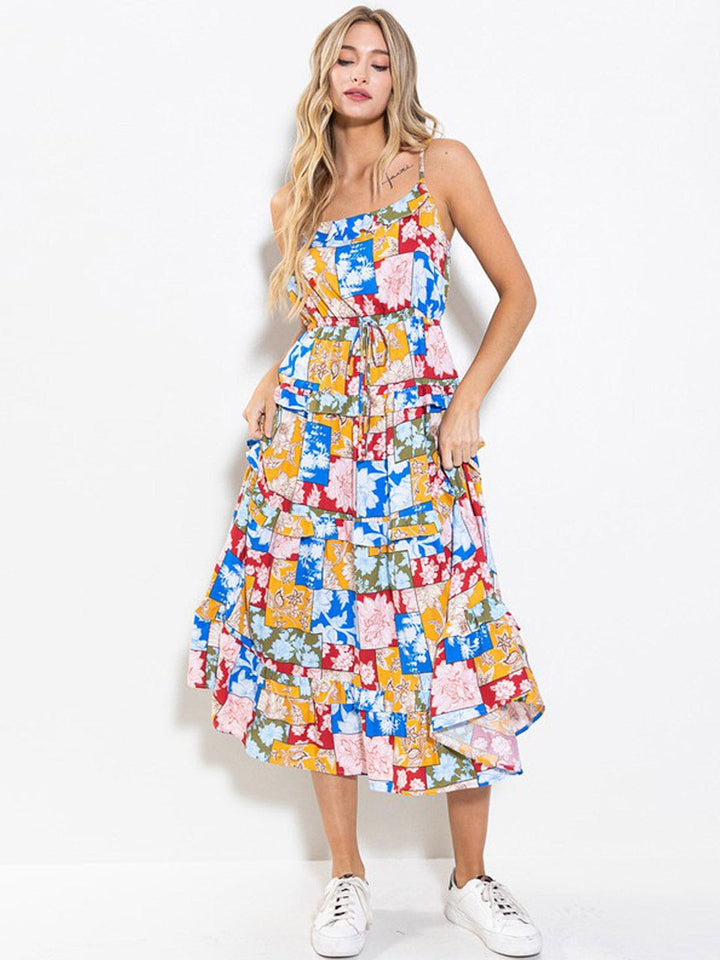 WOMEN'S SLEEVELESS ELASTIC WAIST TIERED FLORAL MAXI DRESS