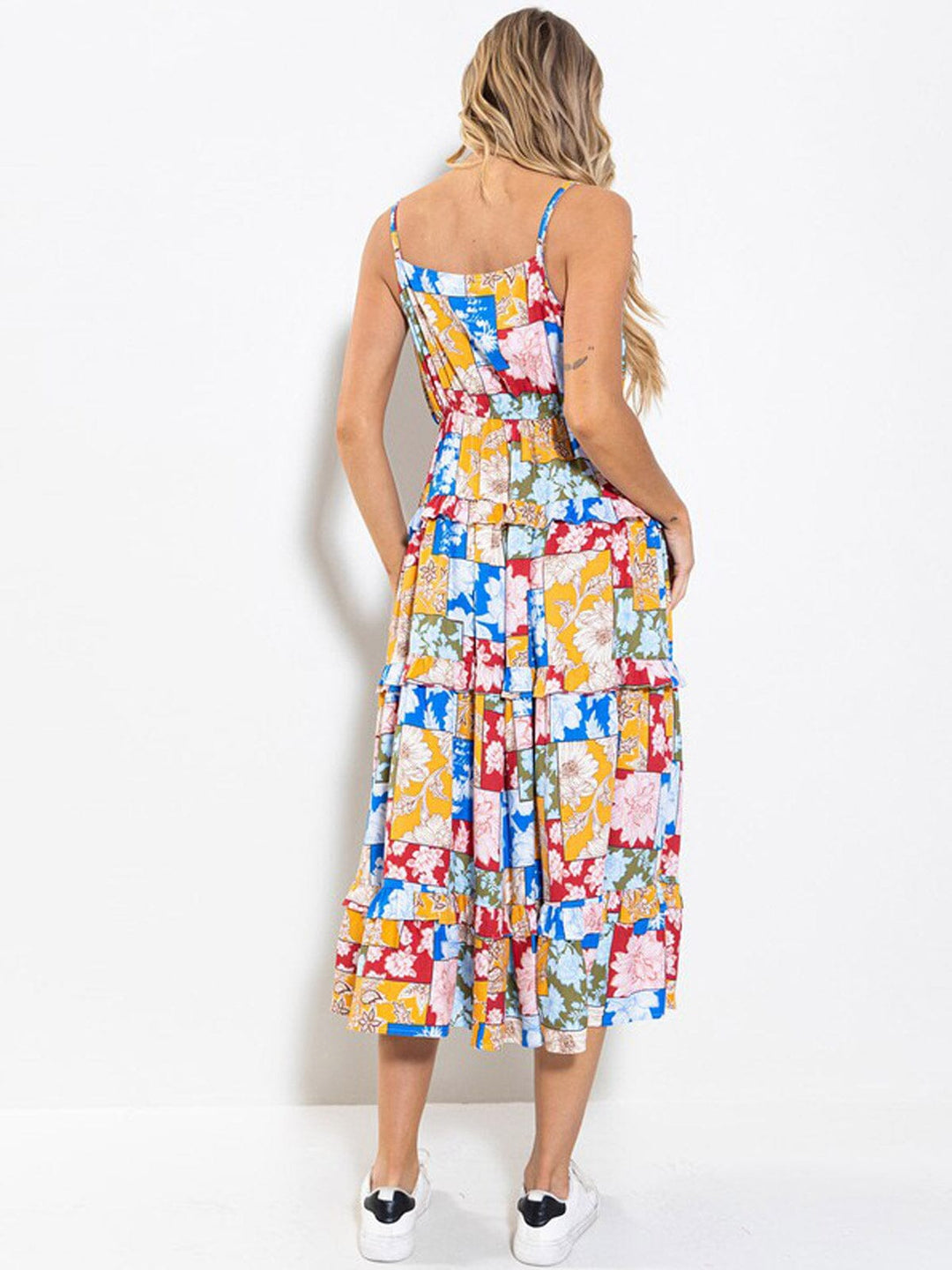 WOMEN'S SLEEVELESS ELASTIC WAIST TIERED FLORAL MAXI DRESS